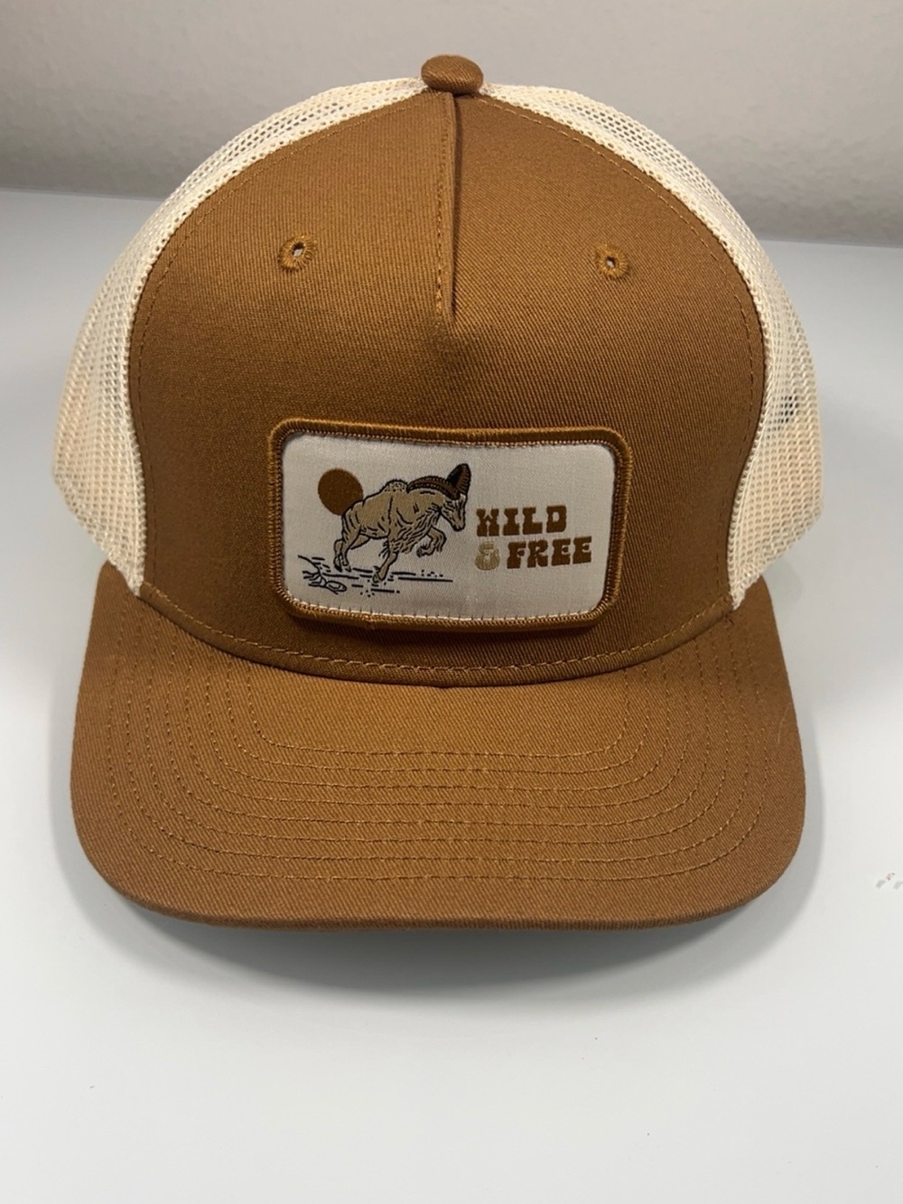 Poncho Outdoors Wild & Free Trucker Hat Aoudad Brown Mesh Snapback Hat Cap NWOT